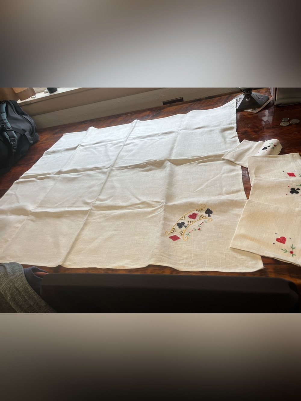 White Linen Tablecloth with Card Suit Embroidery